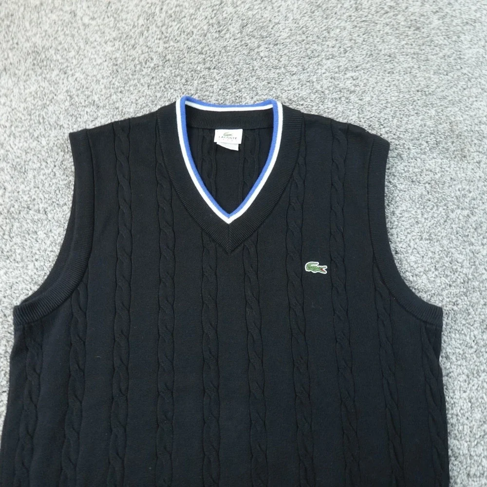 Lacoste Vest Mens XL 6 Black Cable Knit V Neck Tennis Sweater Golf Pullover Logo